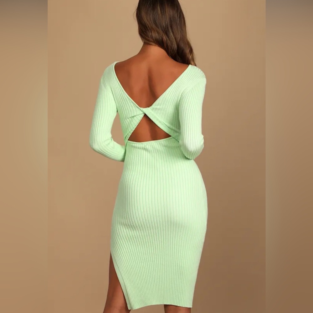 Twist the trend mint green ribbed knit cutout back Bodycon dress - Picture 2 of 5